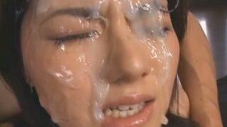 Drenched Asian Pussy Explodes in Wild Bukkake Orgy Feast
