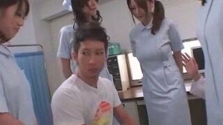 Four Sexy Nurses Take Turns Pleasuring a Horny Guy Intensely
