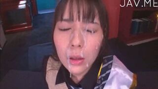 Babe Sucks Dick Hard, Cum Covers Her Face Quickly