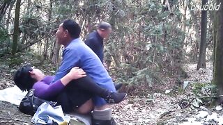 Dirty Chinese Prostitute Sucks and Fucks Two Men Outdoors in Public Park