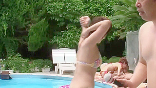 Japanese Bikini Babes Double Team Cock sucking Session