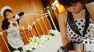 Hairy Asian Pussy Gets Licked by Seductive Maid on the Bed