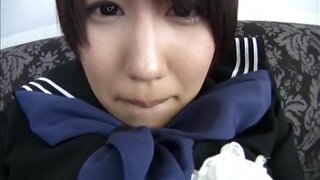 Sex appeal Asian teen Riku Minato engulfs schlong eats cum 3