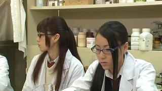 Teen schoolgirl friends in glasses help to jerk him off 2