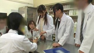 Teen schoolgirl friends in glasses help to jerk him off 2