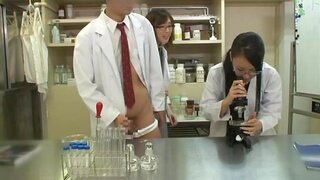 Teen schoolgirl friends in glasses help to jerk him off 3