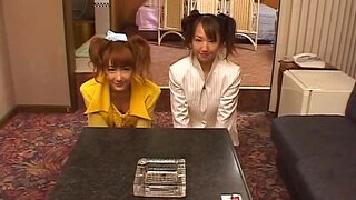 Two playful Asian teens Yui Miho and Mitsu Amai enjoy threesome bang